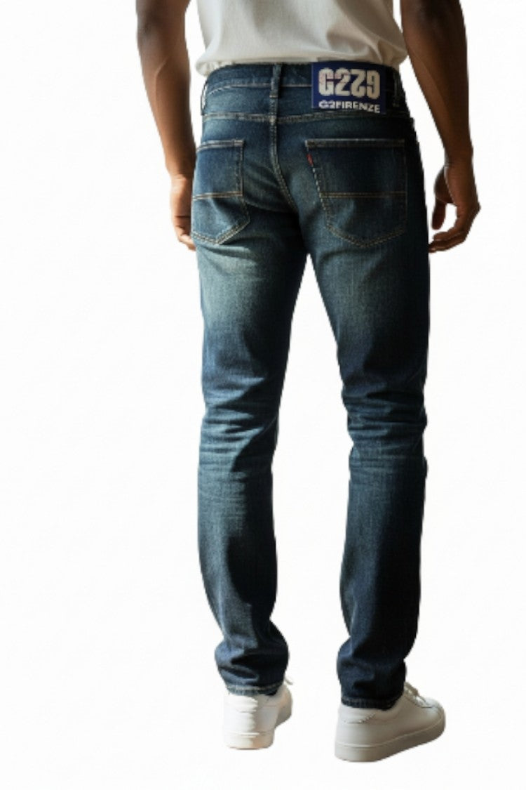 G2firenze Distressed Dark Blue Denim Jeans With Five-Pocket Design