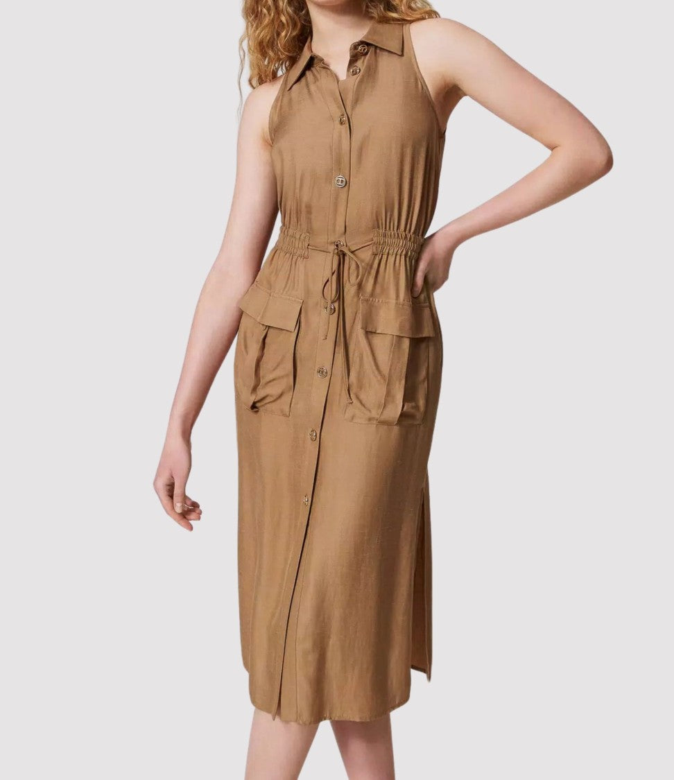 Twin-Set Sleeveless Midi Dress With Button-Down Front