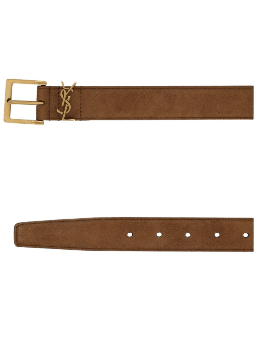 Saint Laurent Slim Brown Lamb Leather Belt With Gold-Tone Buckle