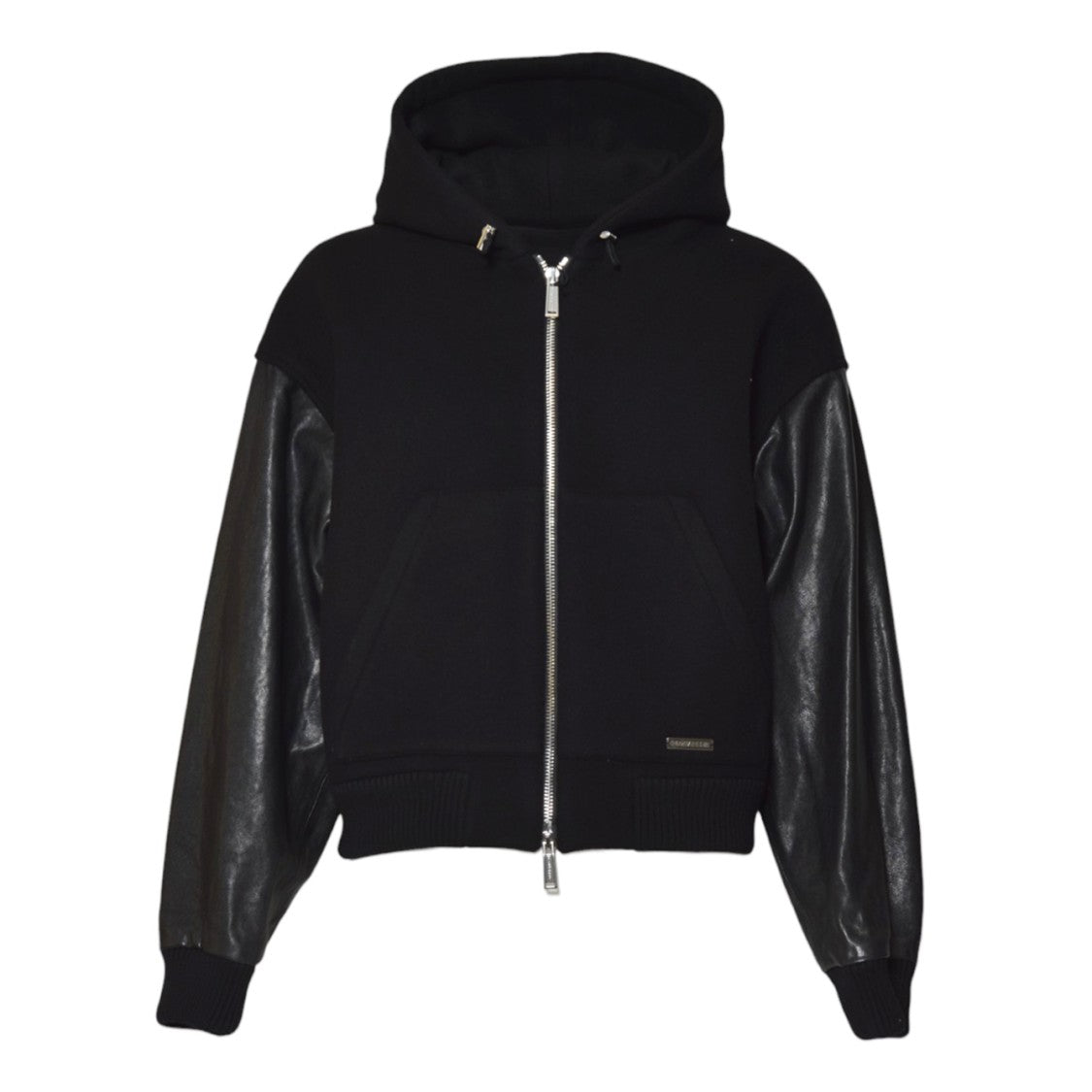 Dsquared2 Hooded Black Jacket With Leather Sleeves