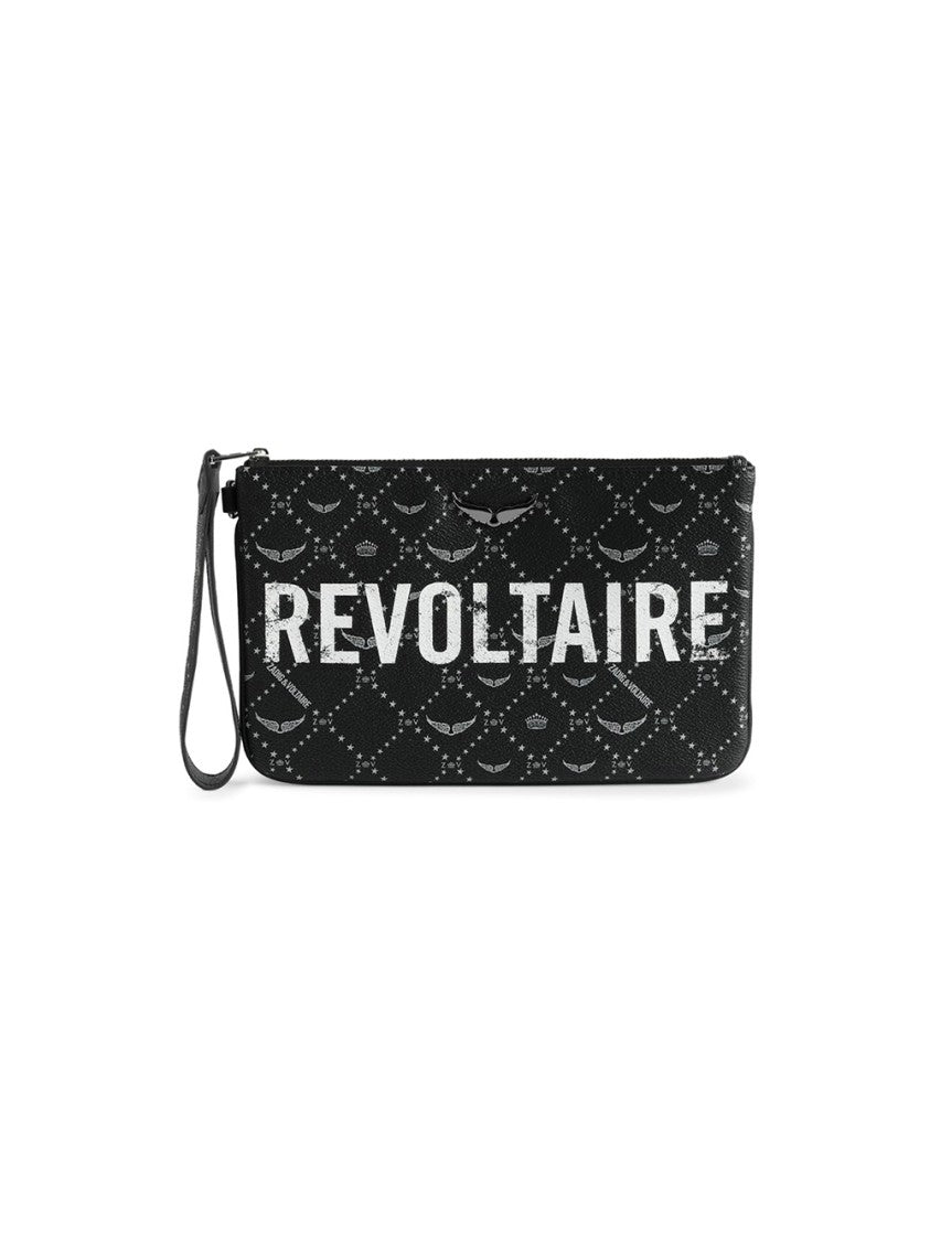 Zadig & Voltaire Rectangular Black Textured Wristlet Clutch With Distressed Logo