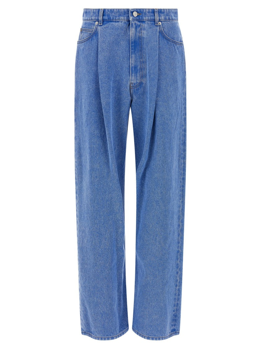 Marni Wide-Leg Pleat Jeans With Contrast Stitching And Suede Logo