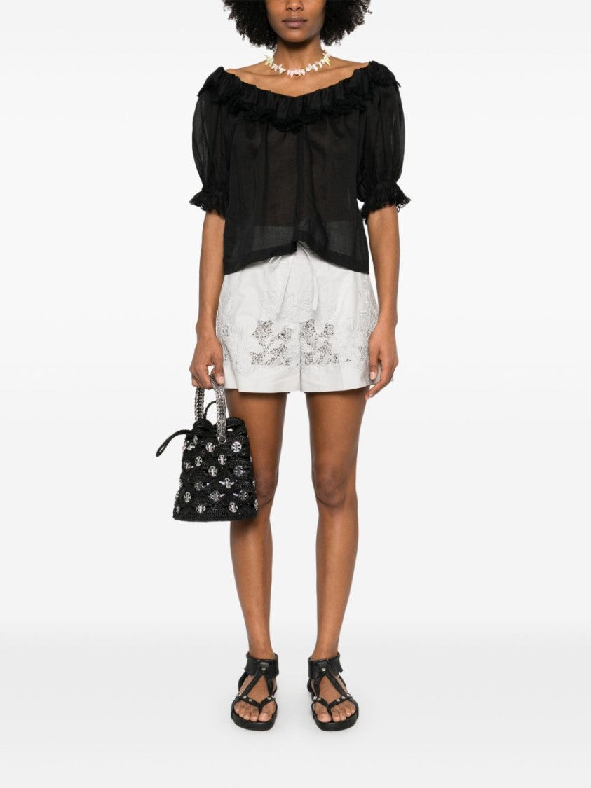 Parosh White Cotton Shorts With Floral Embroidery