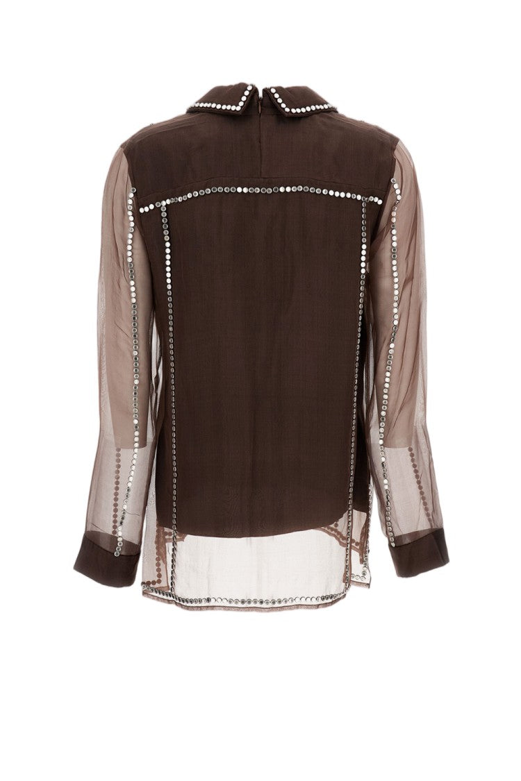 Wales Bonner Silk Organza V-Neck Shirt With Metal Stud Embellishments