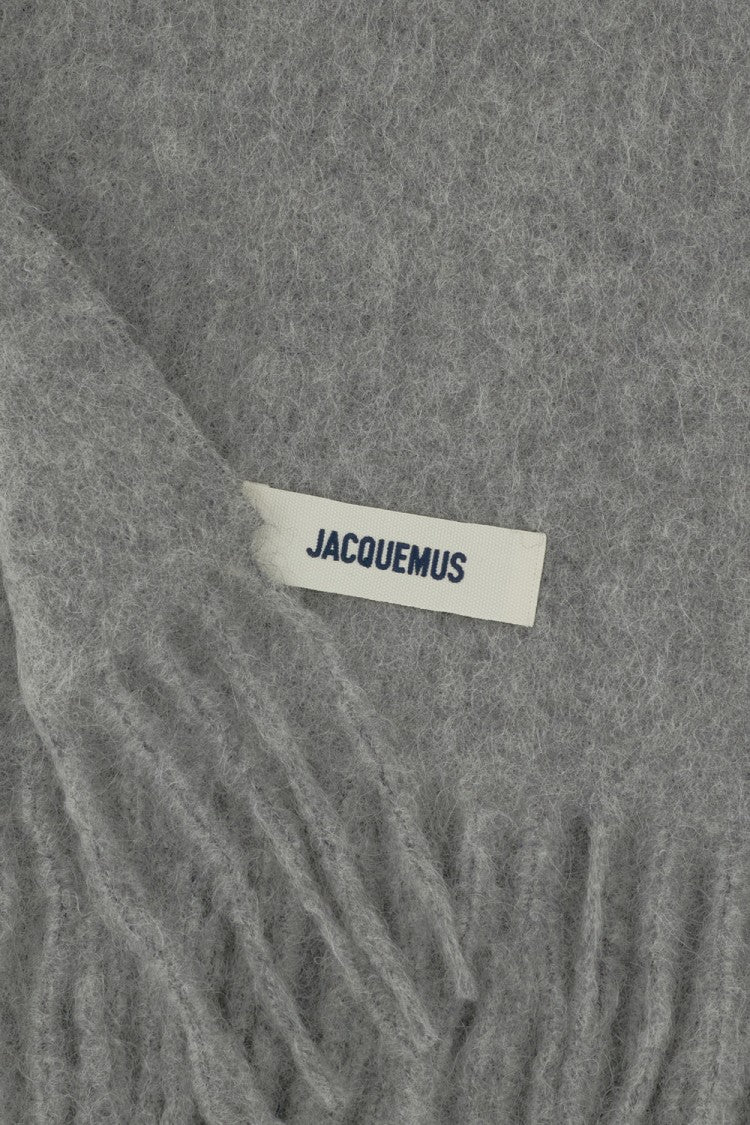 Jacquemus Fringed Grey Wool Blend Scarf With Embroidered Logo