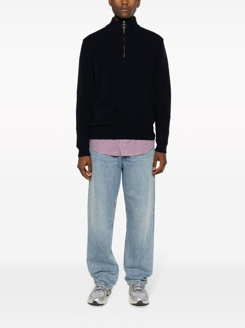 Barbour Ribbed Knit Half-Zip Sweater With Classic Funnel Neck And Elbow Patches