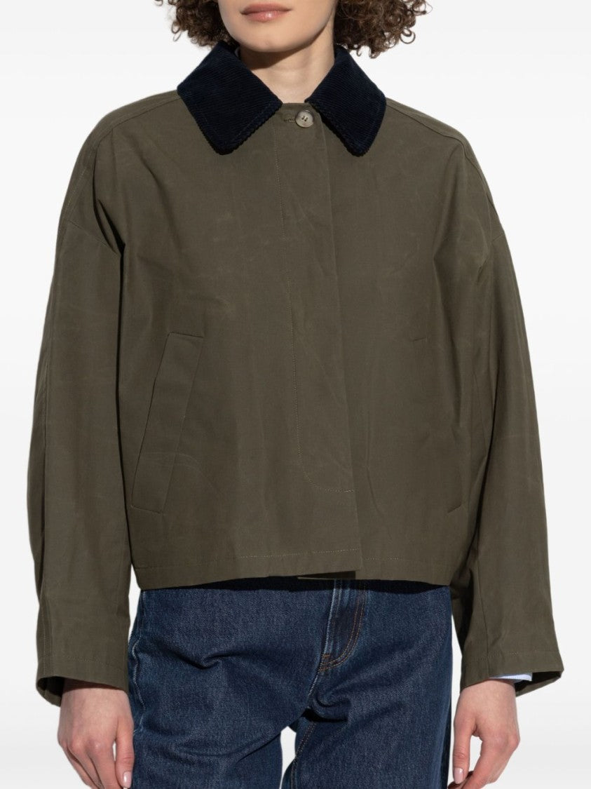 A.P.C. Cropped Olive Green Coat With Corduroy Collar