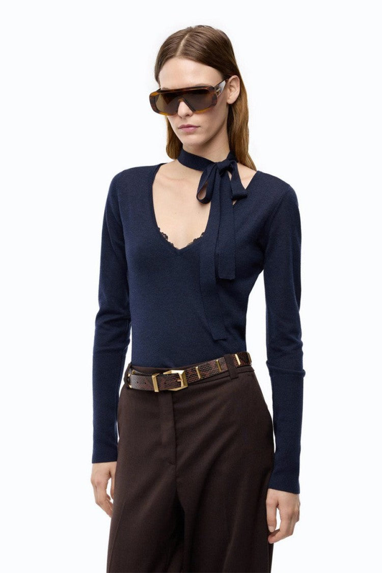 Pinko Blue Wool Tie-Neck Lace-Trim Sweater