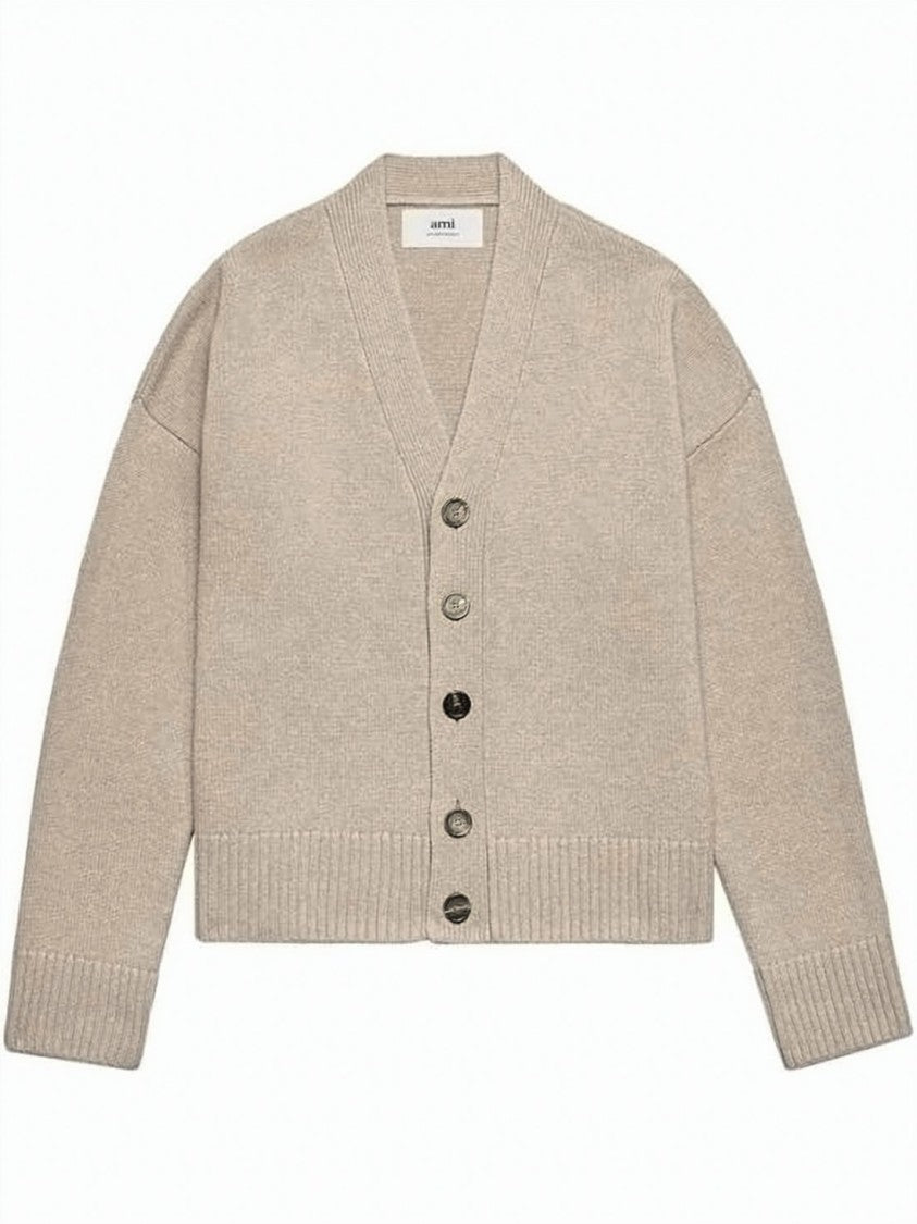 Ami Paris Soft Knit Cardigan With Suede Elbow Patches
