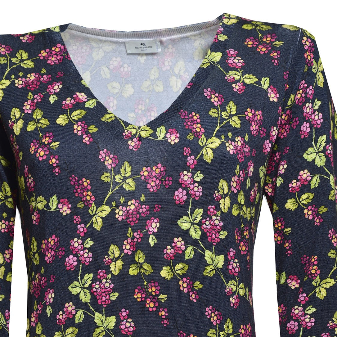 Etro Midnight Blue Silk V-Neck Sweater With Berries Pattern