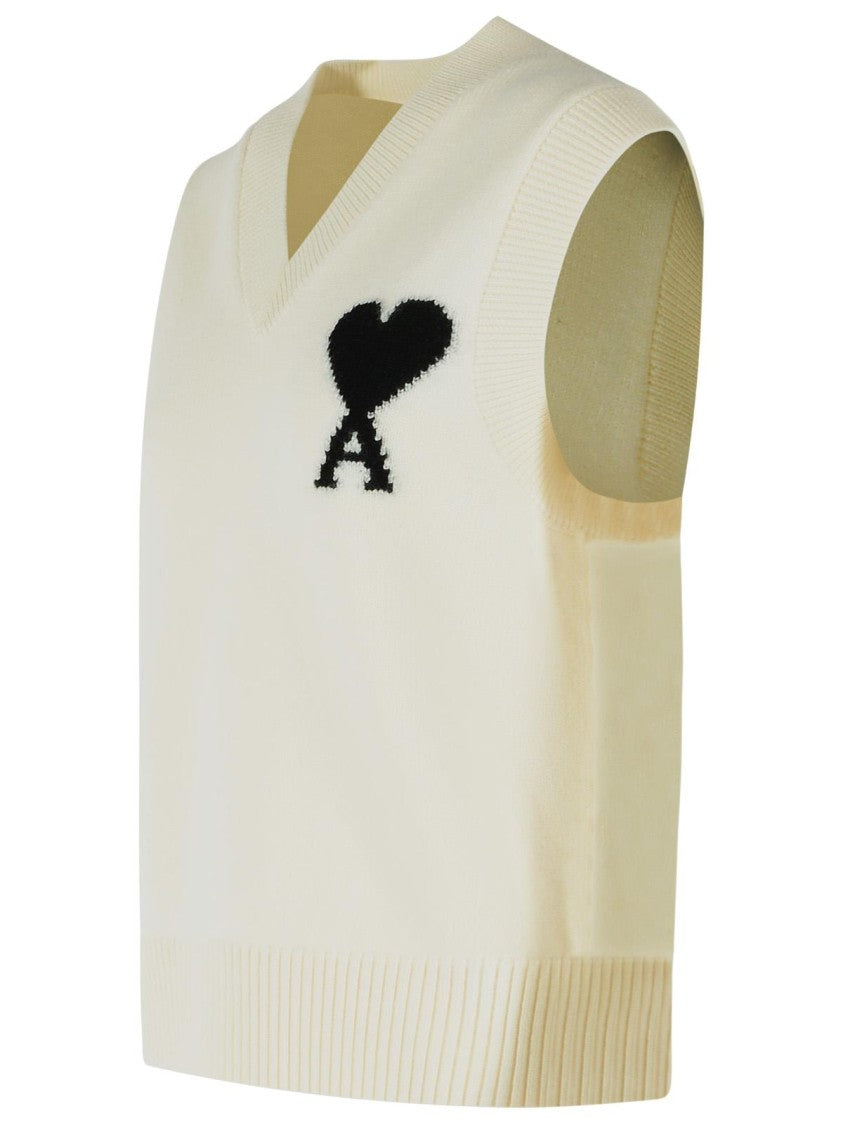 Ami Paris White Ami De Cœur V-Neck Wool Vest