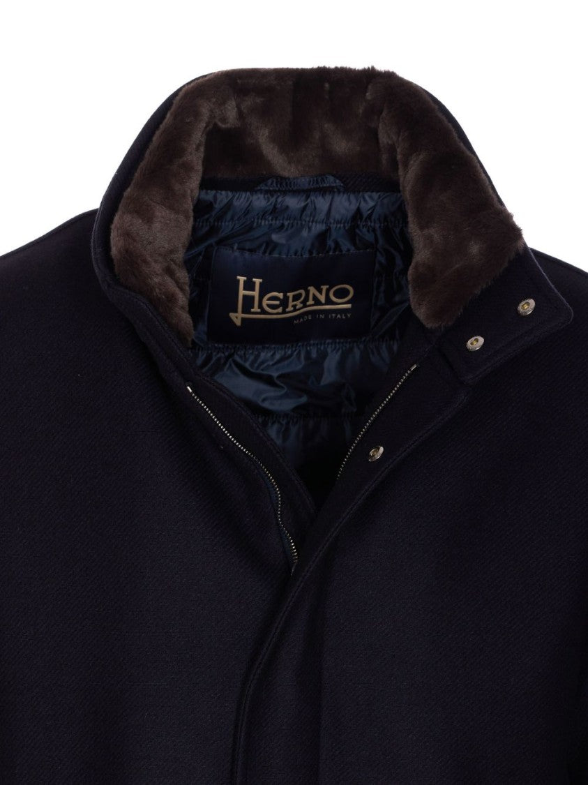 Herno Dark Blue Coat With Shearling Collar