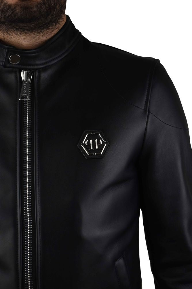 Philipp Plein Smooth Black Leather Biker Jacket