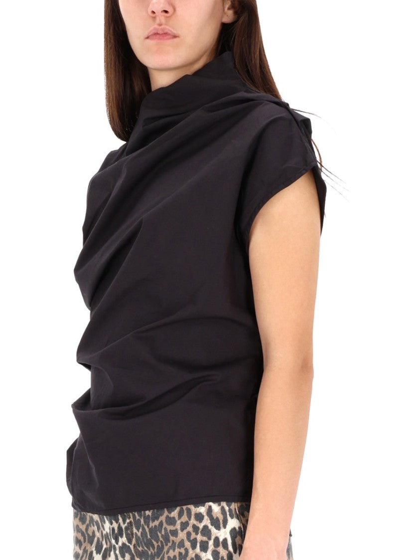 Ganni Ruching Detail Short-Sleeved Top In Black Organic Cotton