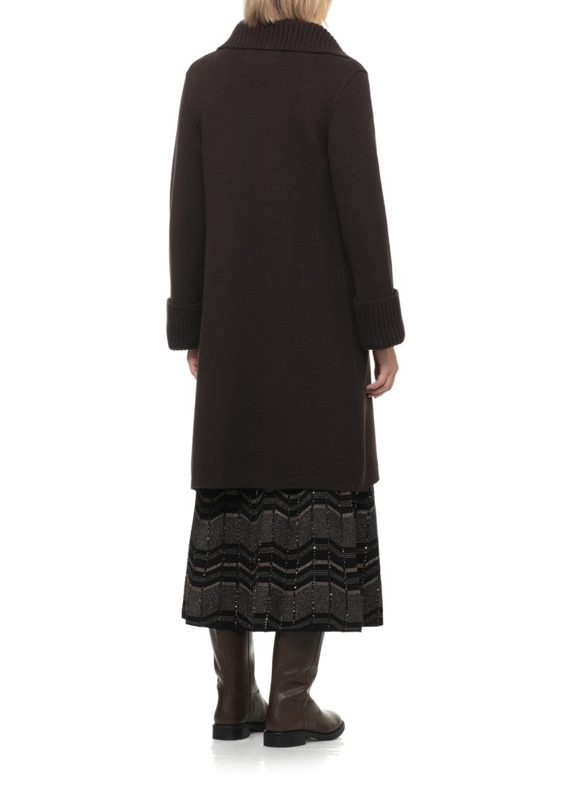 D. Exterior Brown Ribbed Trims Classic Lapel Wool Coat