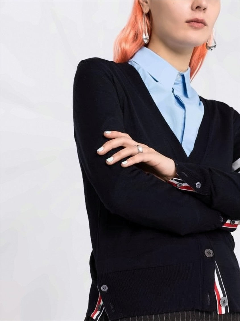 Thom Browne V-Neck Merino Wool Cardigan With Distinctive Stripes