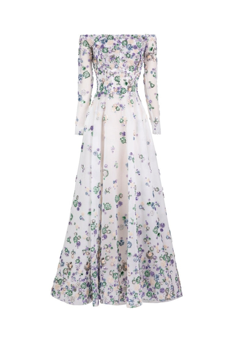 Saiid Kobeisy Multicolor Tulle Beaded Off-Shoulder Flared Long Dress