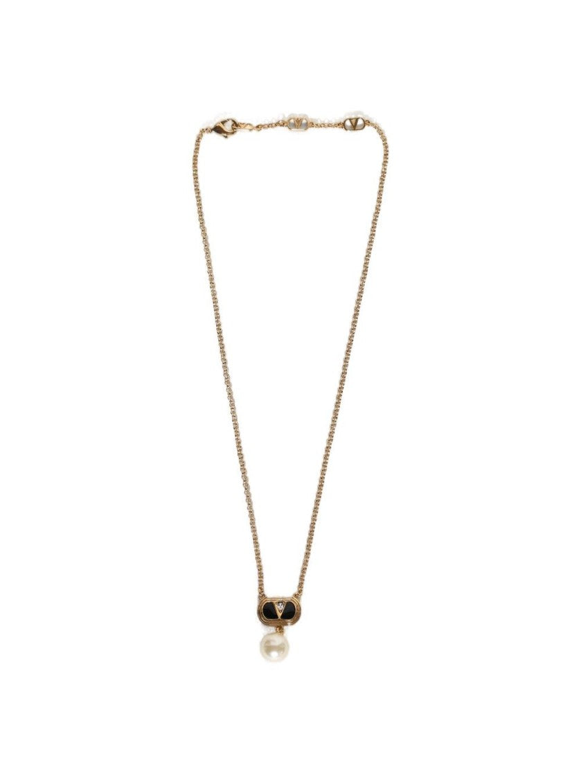 Valentino Ovalette Metal Necklace Enamel, Crystal, And Pearl