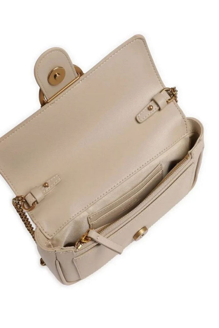 Pinko Structured Beige Leather Shoulder Bag With Decorative Ring