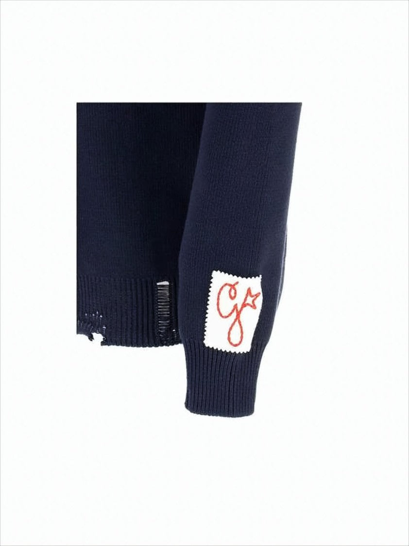 Golden Goose Ribbed Black Crew Neck Sweater With Distressed Finish