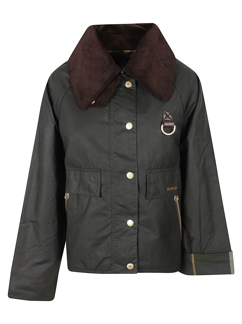 Barbour Sage Waxed Cotton Jacket With Corduroy Collar And Classic Tartan Lining