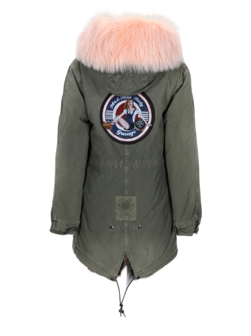 Mr & Mrs Italy Classic Military Green Cotton Parka With Fluffy Pink Fur Collar