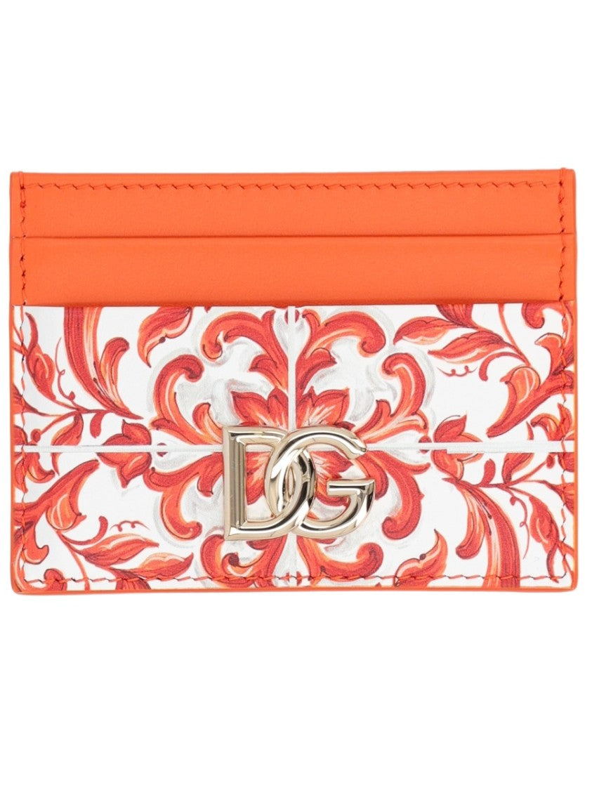 Dolce & Gabbana Baroque-Inspired Metallic Logo Leather Card Holder