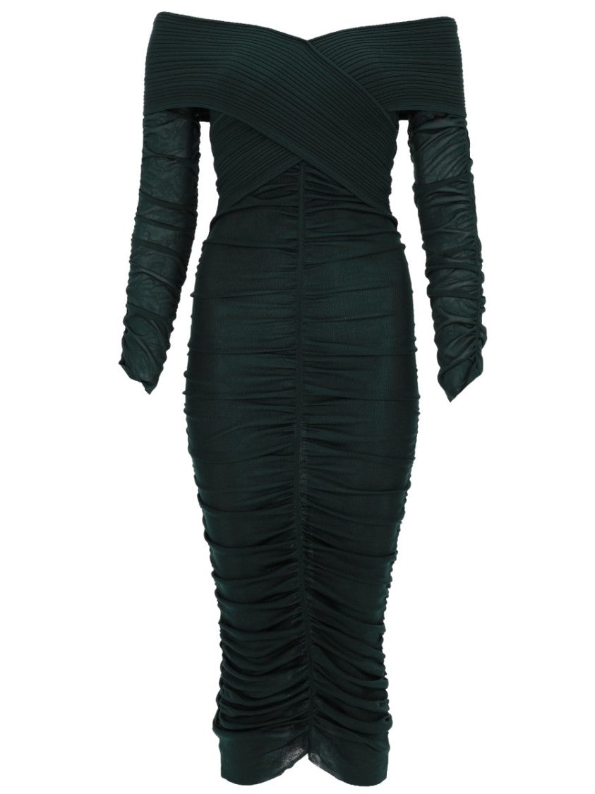 Self-Portrait Neutrals Viscose Gathered Ribbed Midi Dress