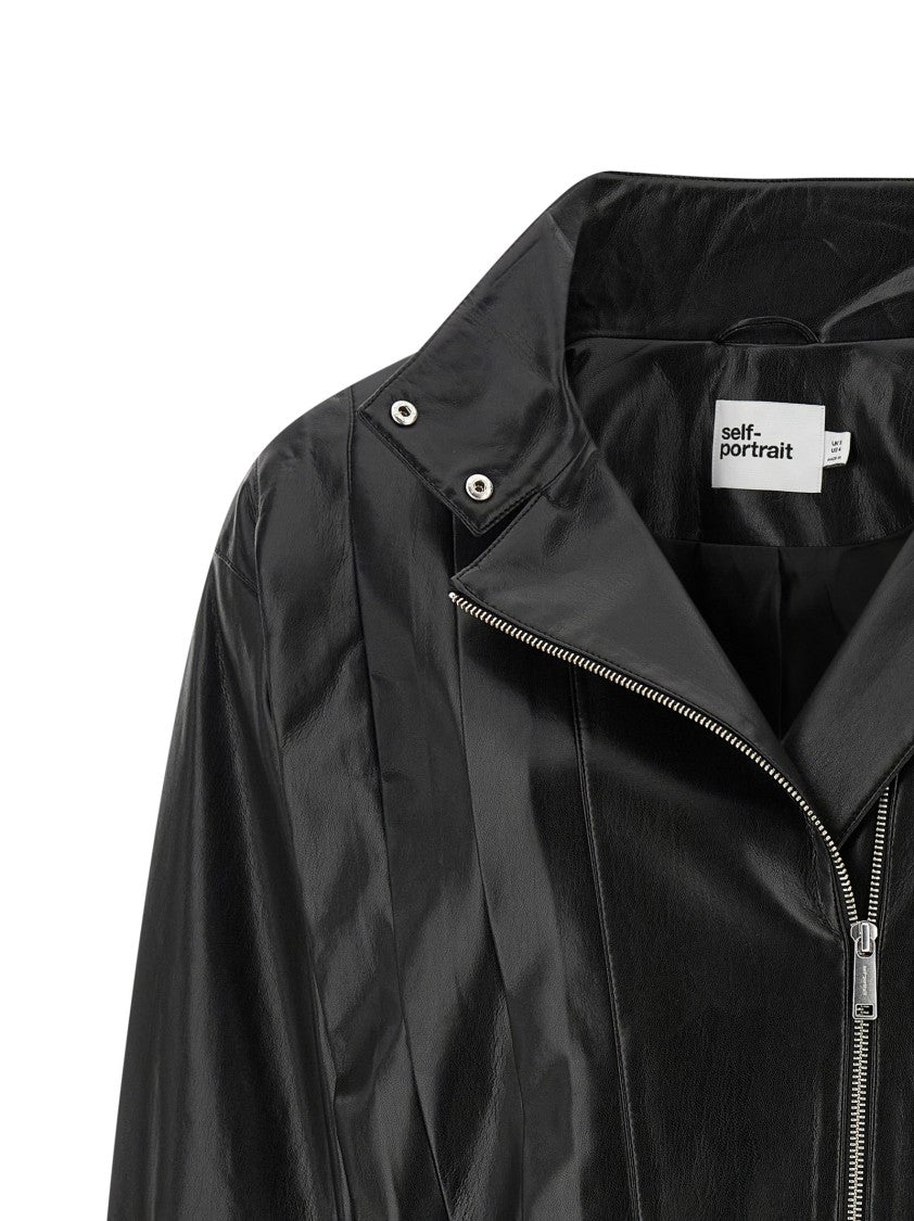 Self-Portrait Shiny Black Biker Jacket With Pleated Detailing And Asymmetric Zip Closure