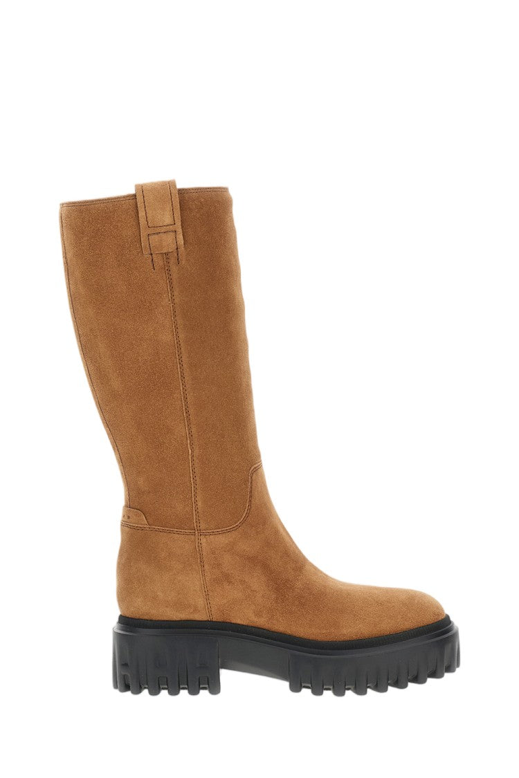 Hogan Mid-Calf Wood Brown Suede H700 Boots With Rubber Platform Sole