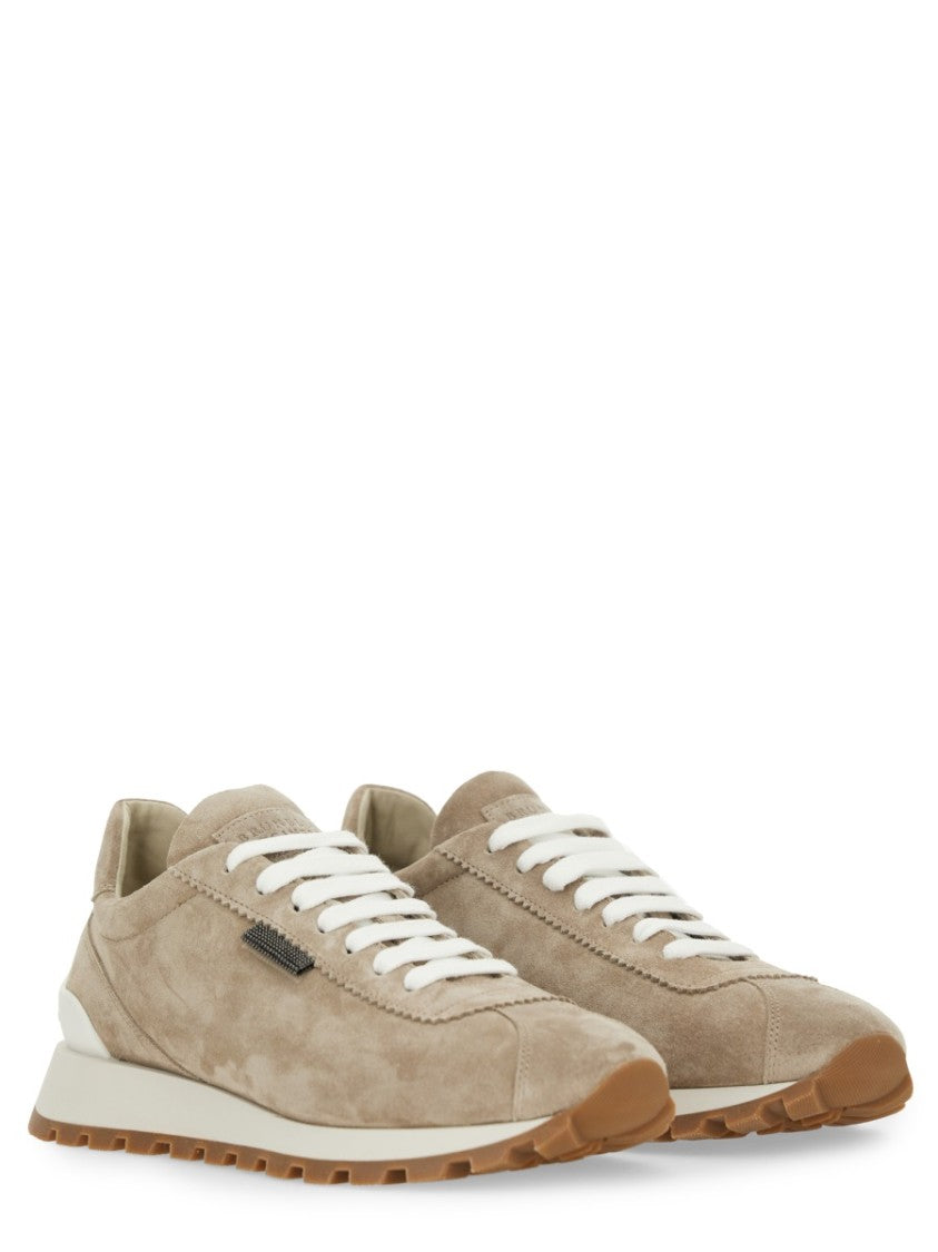 Brunello Cucinelli Suede Sneakers With Metallic Tab And Gum Sole