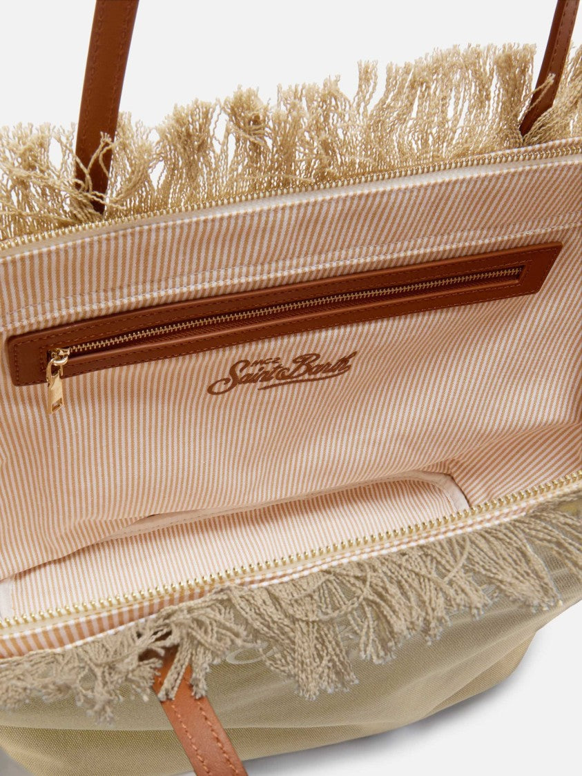 Mc2 Saint Barth Fringed Beige Canvas Tote Bag With Leather Accents
