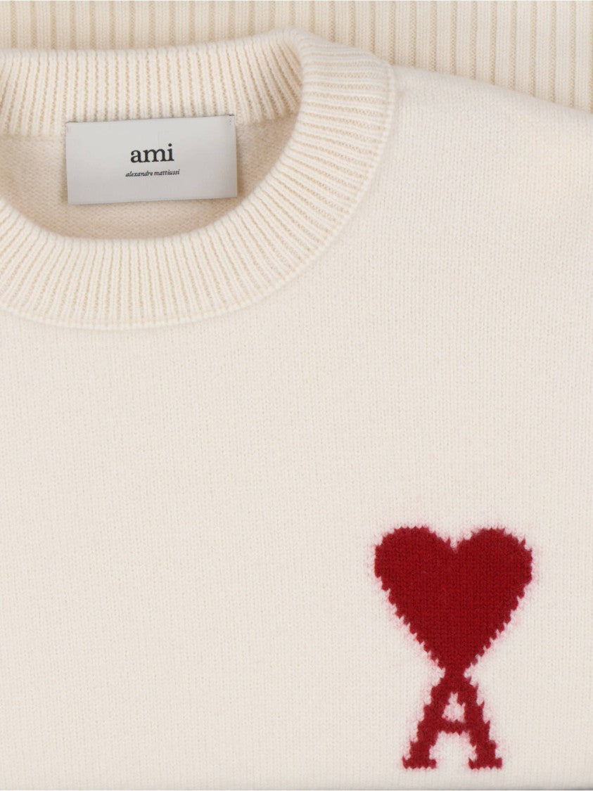 Ami Paris Cream Knit Sweater With Ribbed Neckline