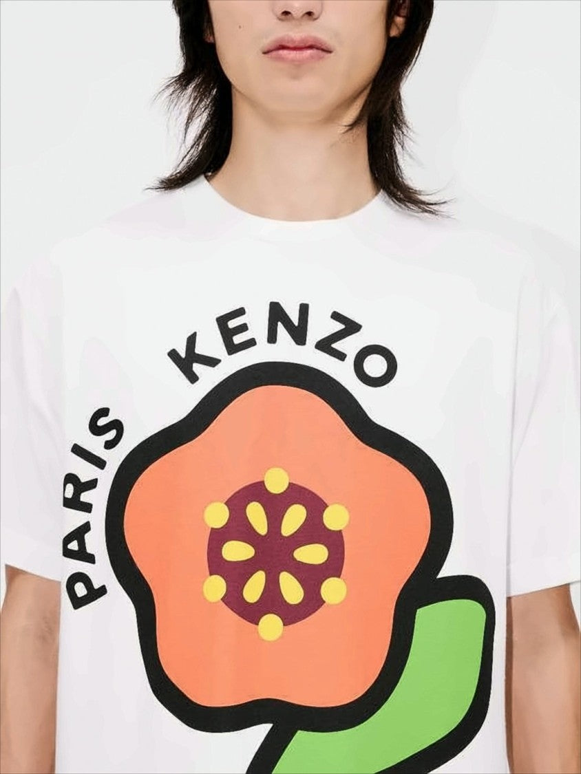 Kenzo Short-Sleeved White Cotton T-Shirt With Bold Floral Graphic