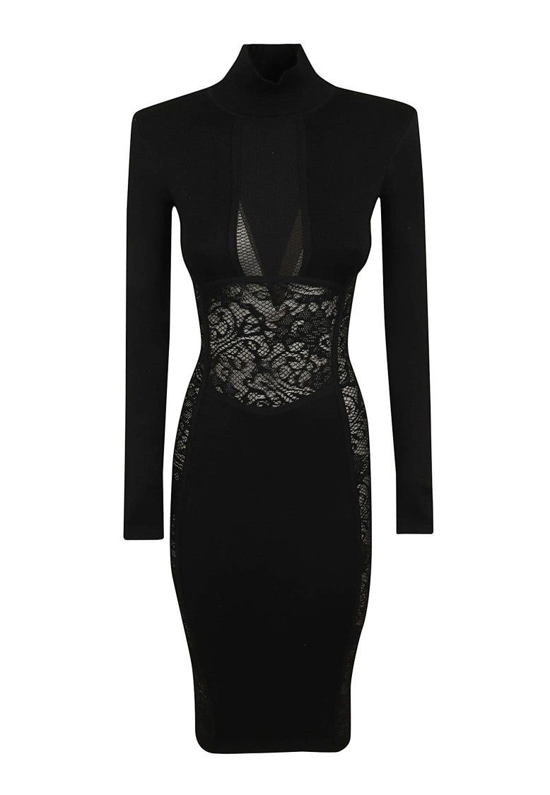 Elisabetta Franchi Ribbed Turtleneck Sheer Lace Insert Knit Dress