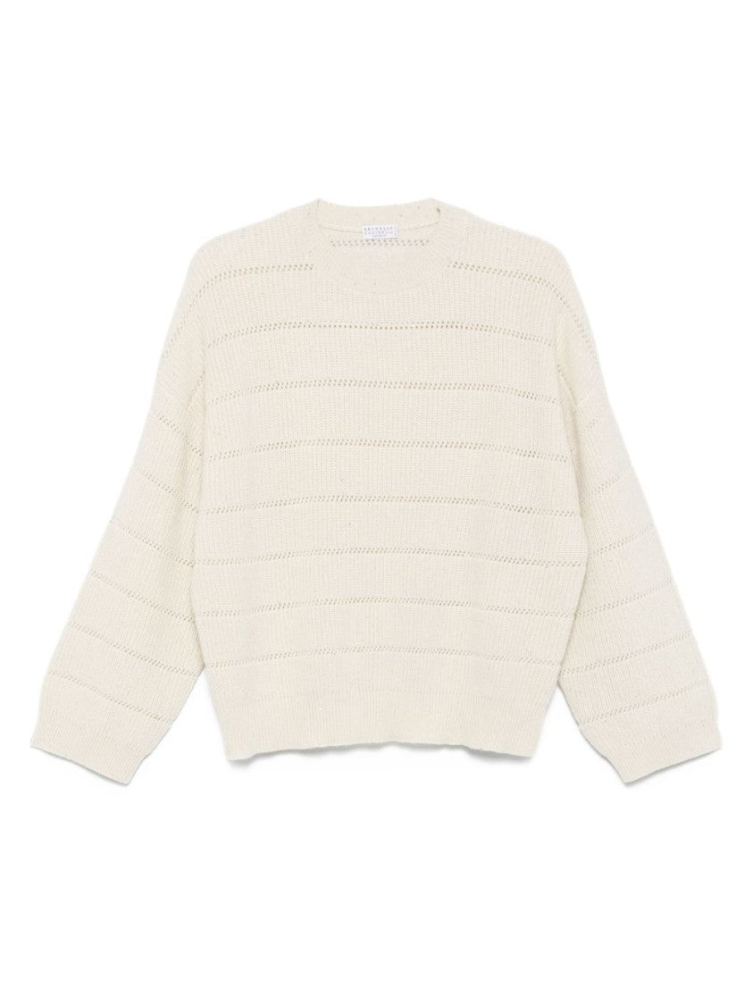 Brunello Cucinelli Relaxed Fit Cropped Sweater With Open-Knit Stripe Pattern