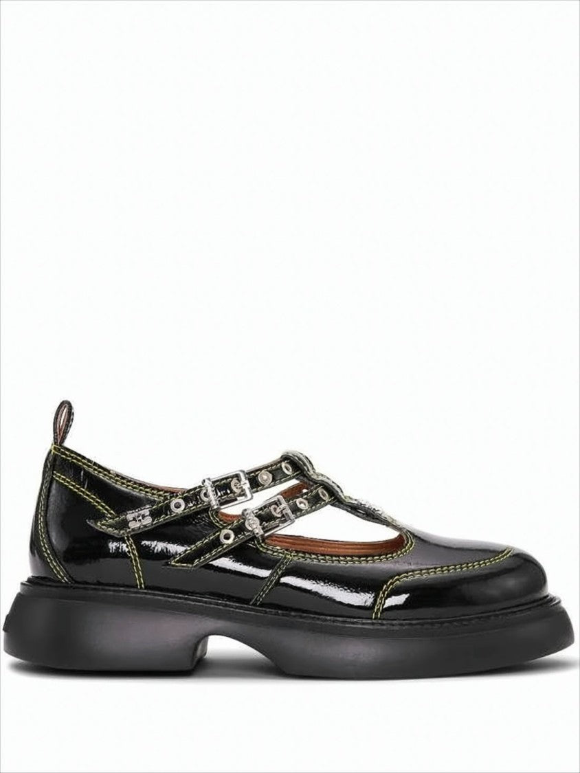 Ganni Glossy Black Flat Shoes With Double Buckle Straps