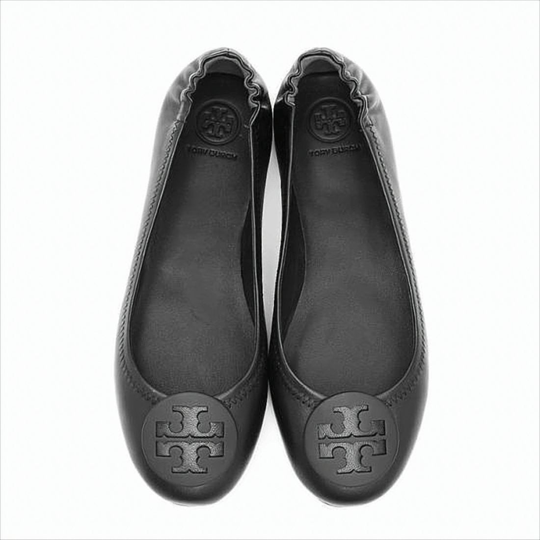 Tory Burch Black Leather Ballet Flats With Circular Logo Emblem