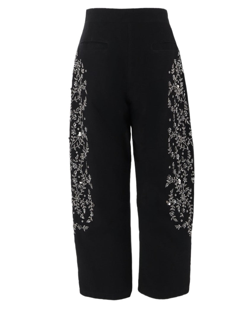 Novelle Black Floral Embroidered Tailored Cotton Straight-Leg Pants