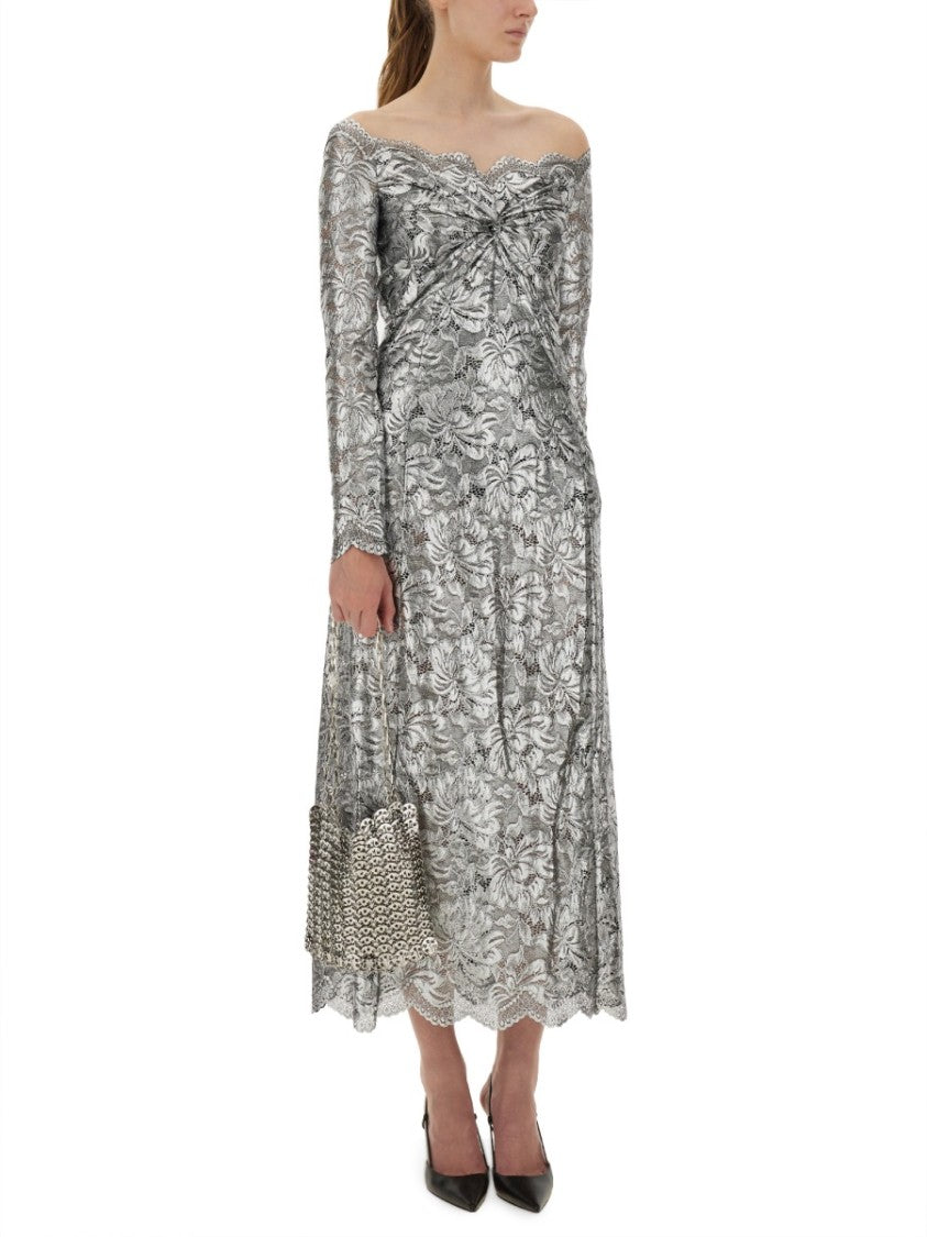 Rabanne Off-The-Shoulder Long Lace Dress With Floral Patterns