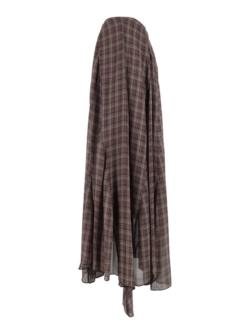 Eleh Brown Asymmetrical Plaid Midi Skirt