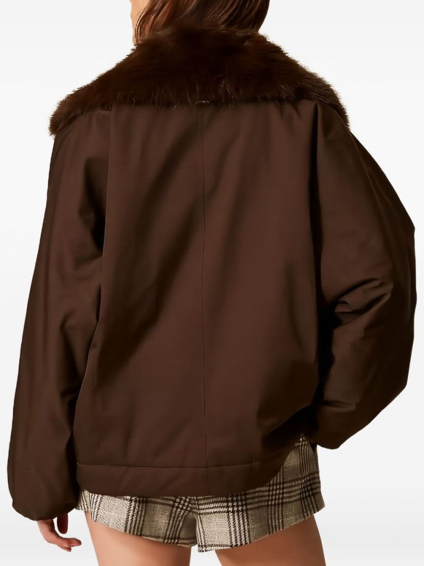 Twin-Set Short Brown Coat With Wide Fur Collar