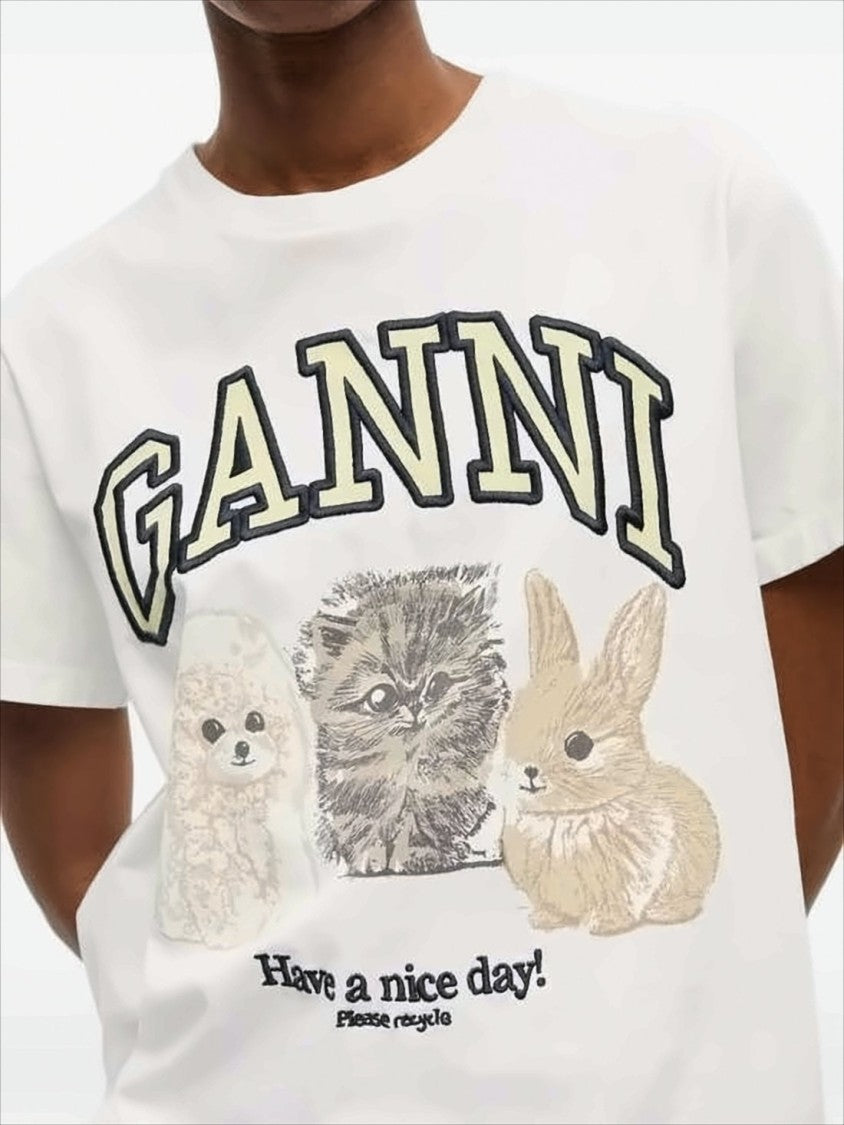 Ganni Short-Sleeved Crew Neck T-Shirt With Playful Animal Print
