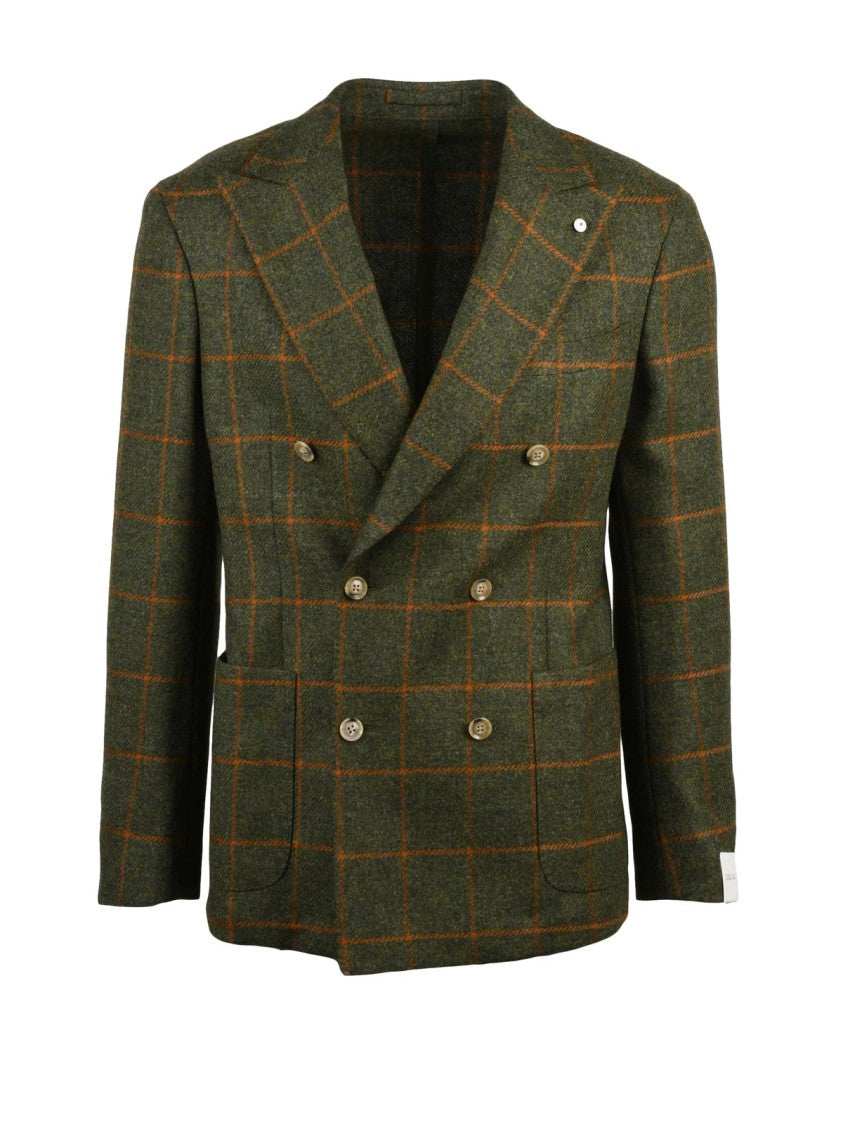 L.B.M. 1911 Double-Breasted Wool Blazer With Orange Windowpane Check Pattern