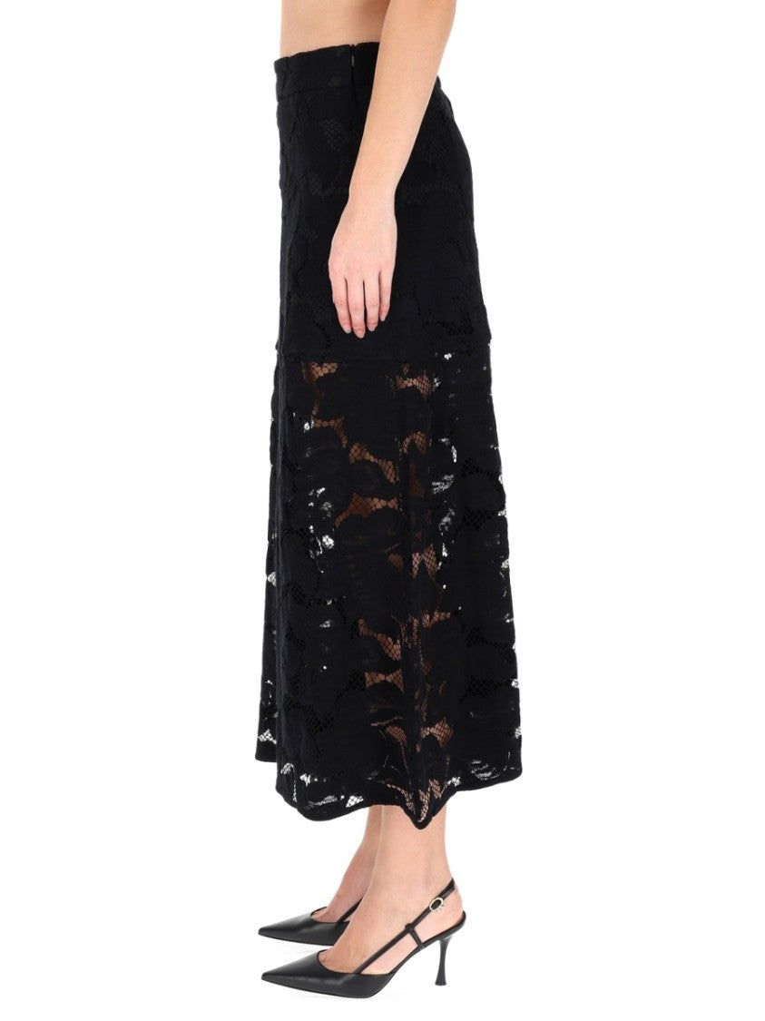 Patou Black Intricate Lace Midi Skirt