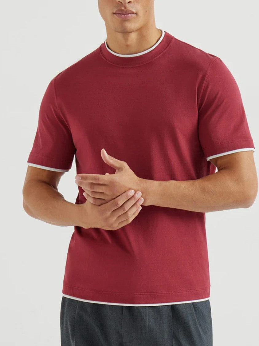Brunello Cucinelli Red Contrasting Crew Neck Cotton T-Shirt
