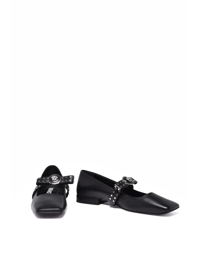 Versace Collection Black Square Toe Leather Flats