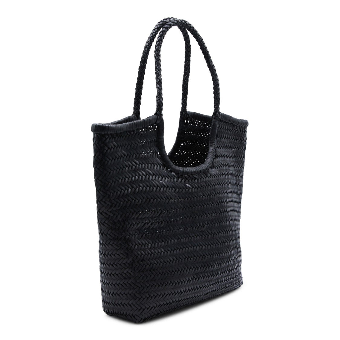 Dragon Diffusion Diagonal Woven Black Leather Tote With Braided Handles