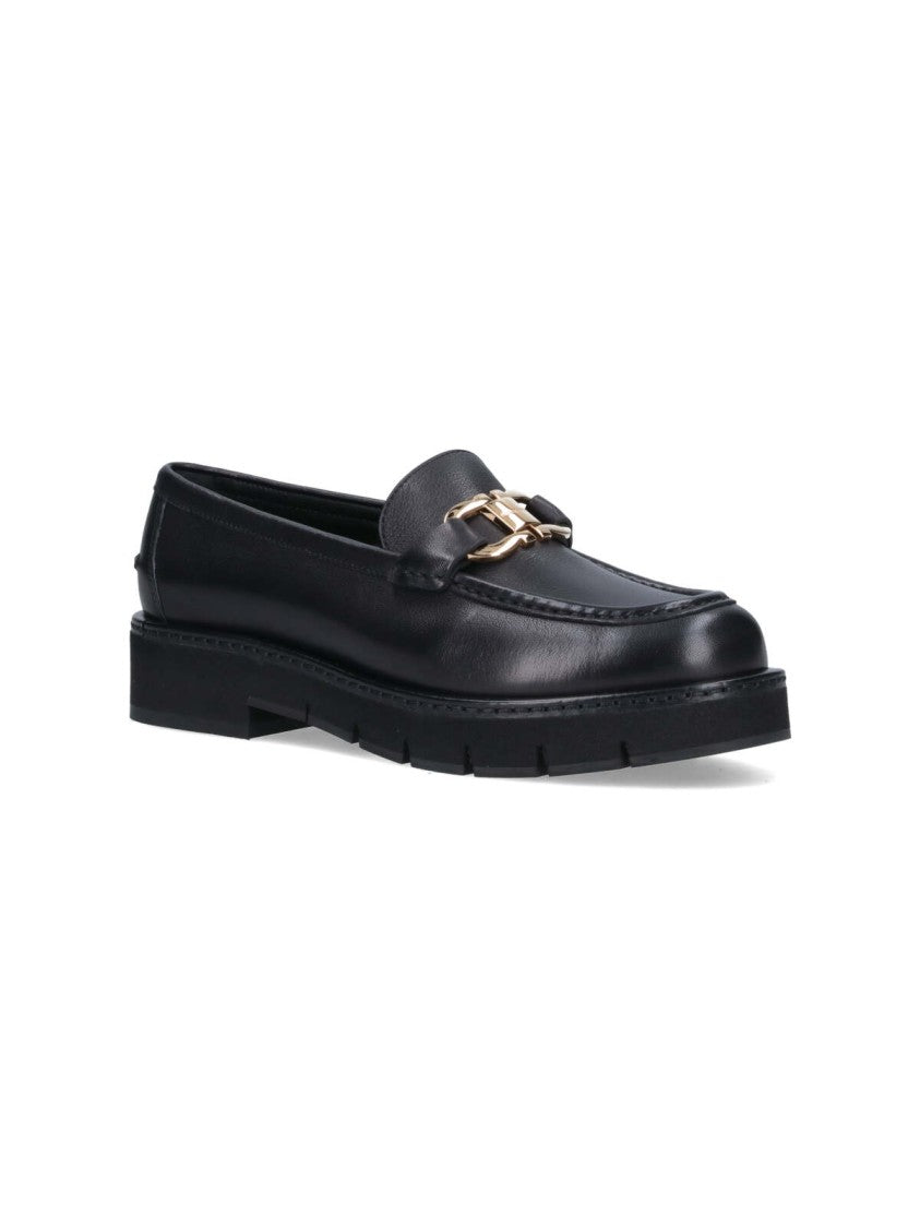 Ferragamo Black Leather Moccasins With Gold-Tone Logo Buckle