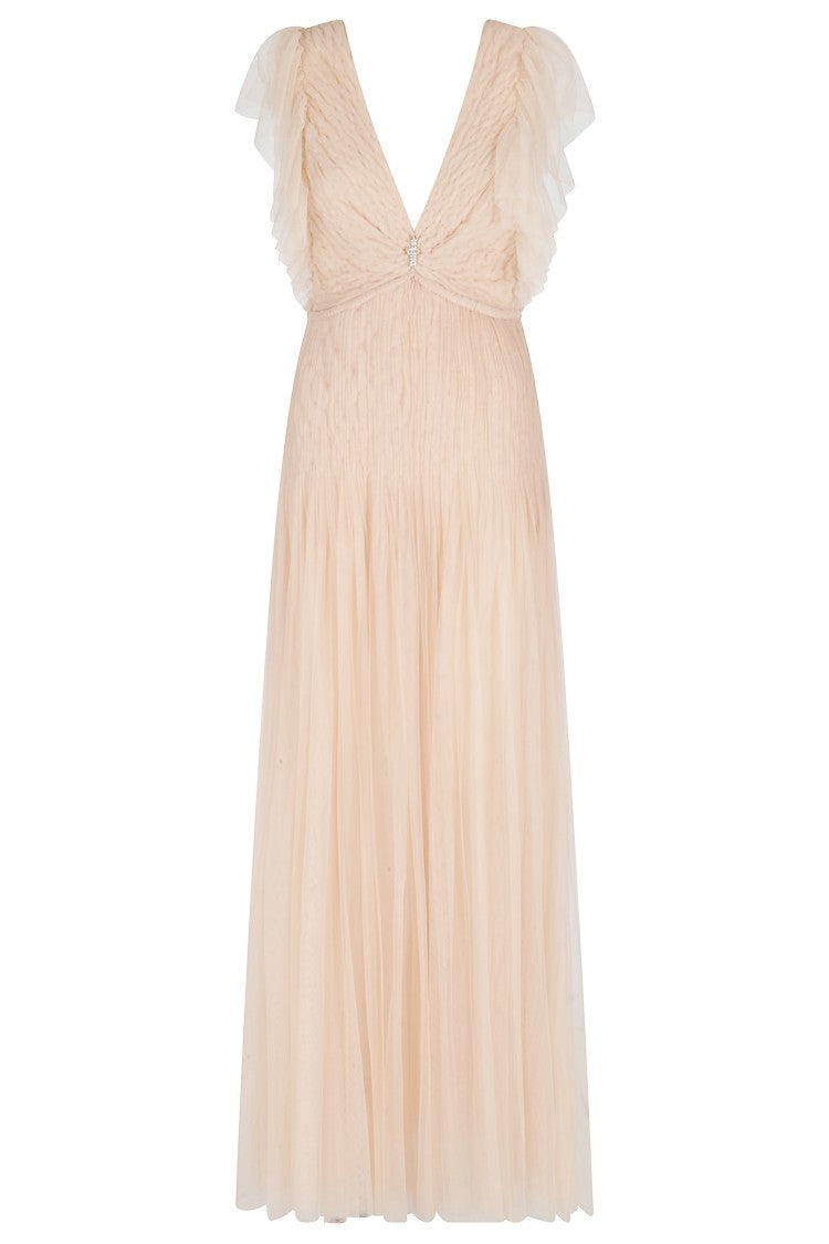 Elisabetta Franchi Powder Deep V-Neck Ruffled-Straps Polyamide Evening Dress